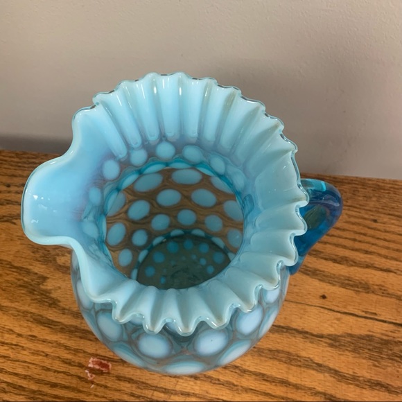 Vintage Opalescent Blue Coin Dot Ruffled Pitcher Collectible Glass - Picture 3 of 11